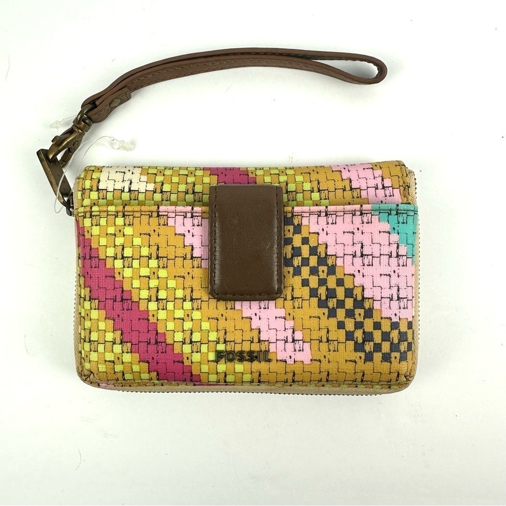 Fossil Wristlet Wallet Multicolor Faux Leather Organizer Clutch‎ Womens